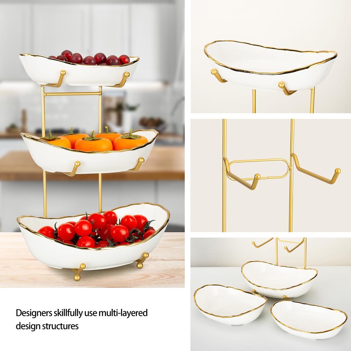 White Ceramic 3 Tier Fruit Bowl with Metal Stand V60932