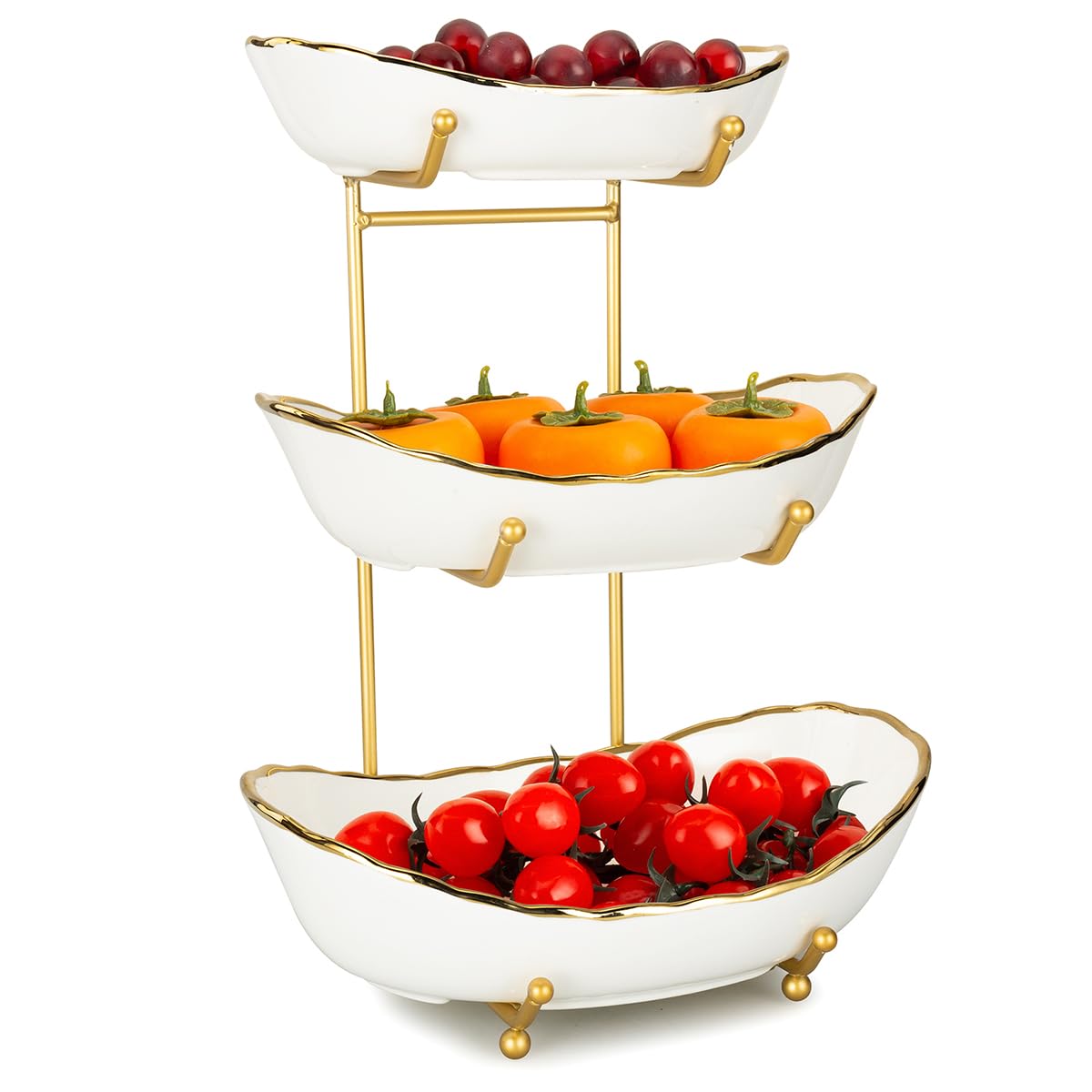 White Ceramic 3 Tier Fruit Bowl with Metal Stand V60932