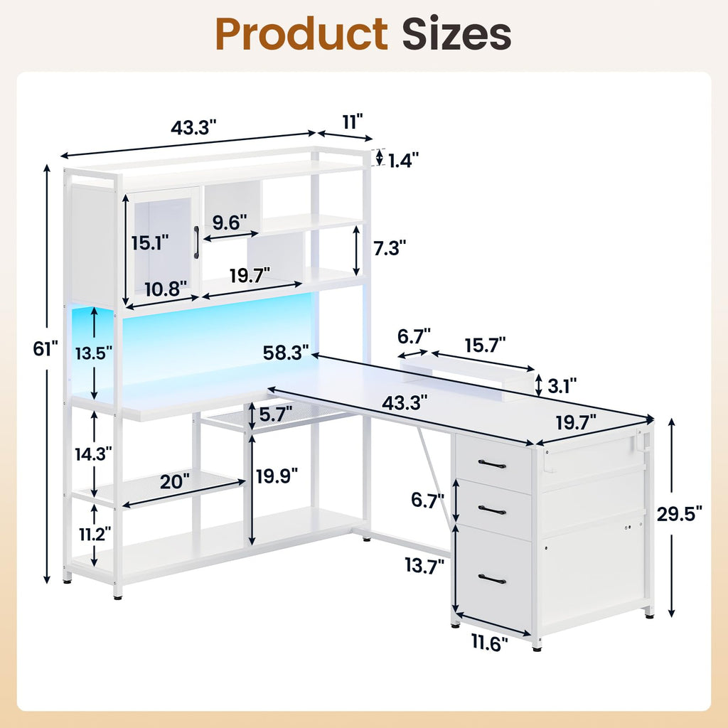 58'' L Shaped Computer Desk with 3 Drawers and Bookshelf Q27440