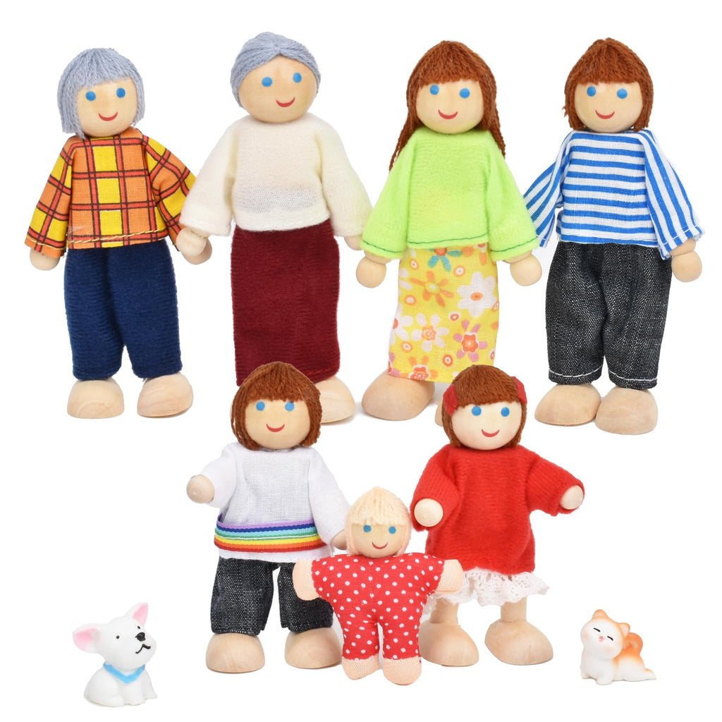 Wooden Dollhouse Dolls Family Set of 7 Miniature Figures and 2 Pets Z916