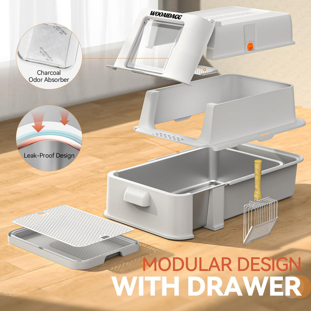 Enclosed Stainless Steel Cat Litter Box with Drawer and Flip Door, Extra Large Light Grey F201