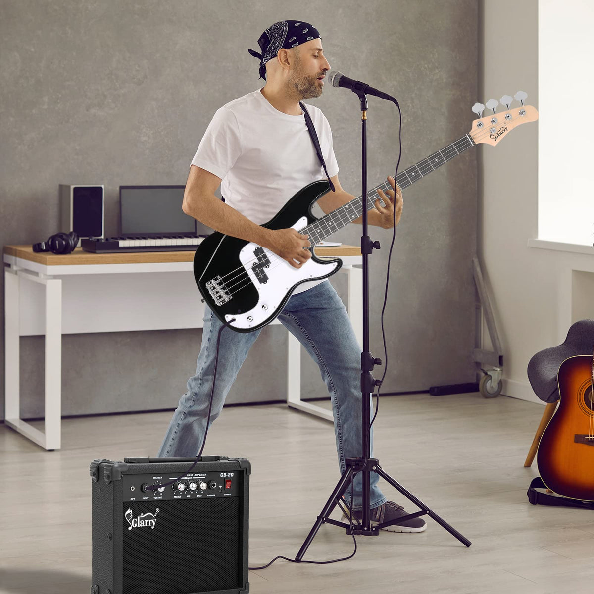 Full Size 4 String Basswood Electric Bass Guitar Beginner Kit with 20W Amp N903