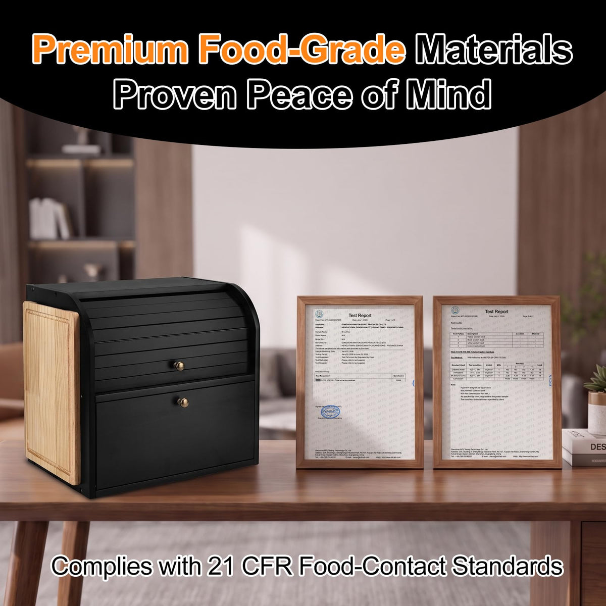 Black Roll Top Bread Box with Cutting Board N608