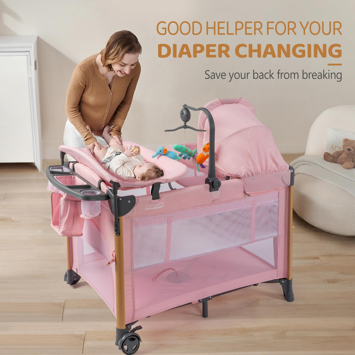 7 in 1 Pink Bedside Bassinet with Changing Table U698