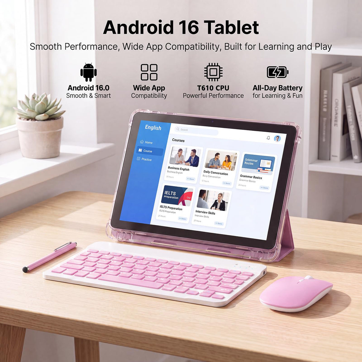 10 Inch 2 in 1 Tablet with Keyboard Kit & Case Pink J495