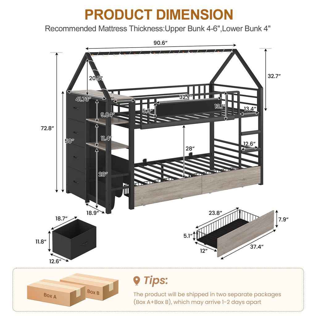 Twin Bunk Bed with Storage Bookshelf, 6 Drawers & USB J6243