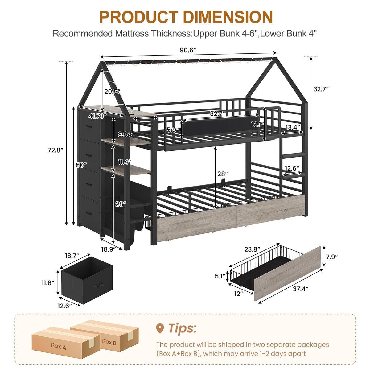 Twin Bunk Bed with Storage Bookshelf, 6 Drawers & USB J6243
