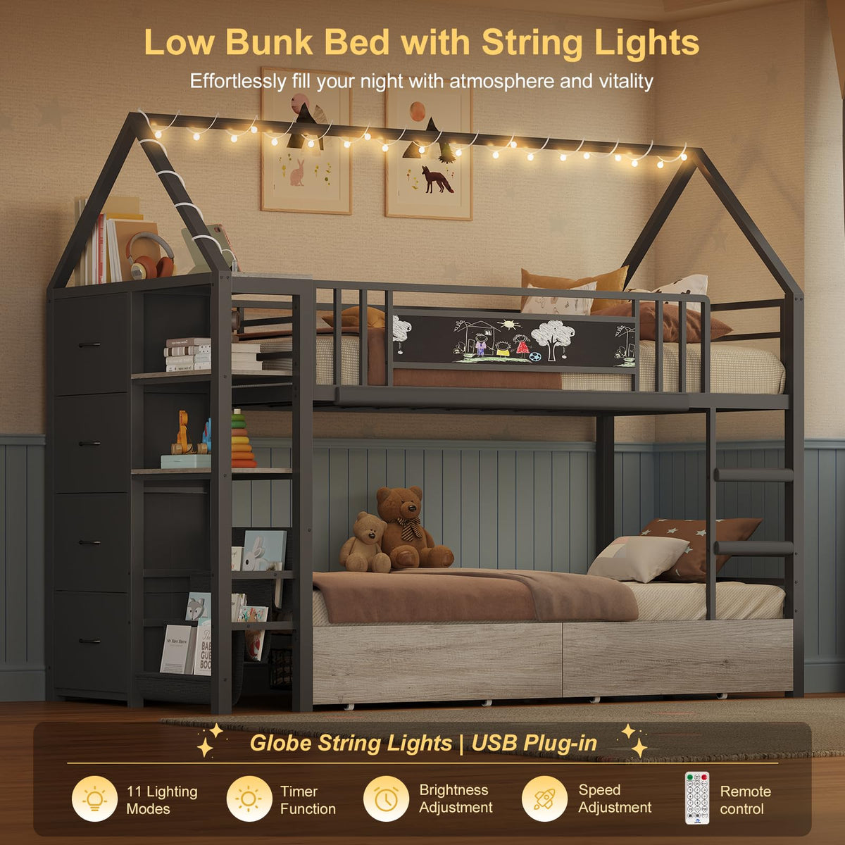 Twin Bunk Bed with Storage Bookshelf, 6 Drawers & USB J6243