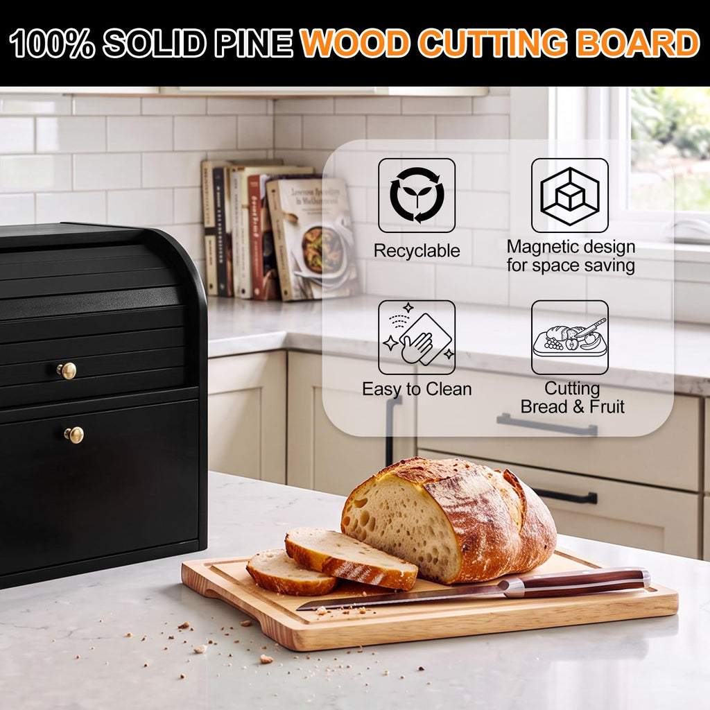 Black Roll Top Bread Box with Cutting Board N608