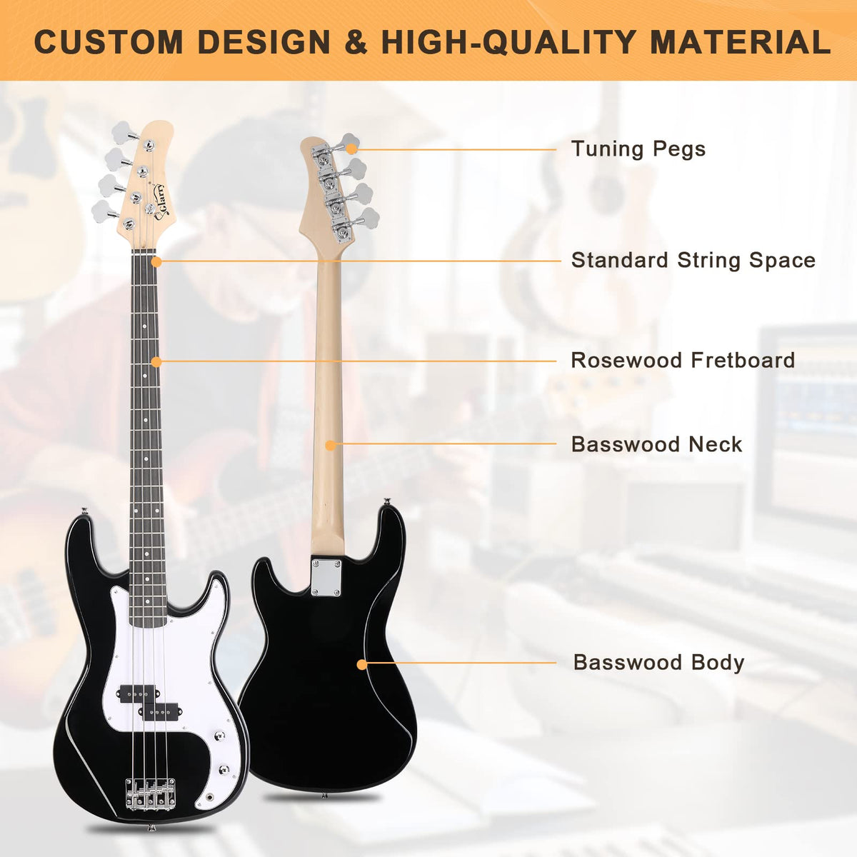Full Size 4 String Basswood Electric Bass Guitar Beginner Kit with 20W Amp N903