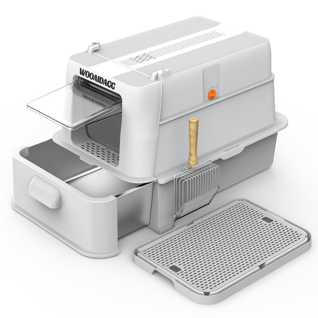 Enclosed Stainless Steel Cat Litter Box with Drawer and Flip Door, Extra Large Light Grey F201