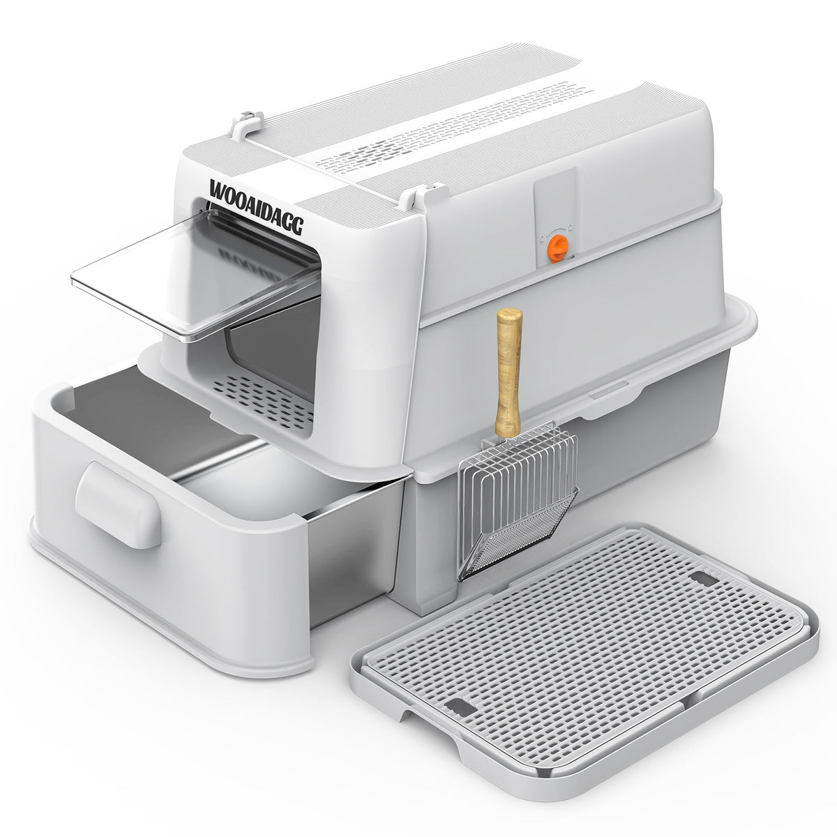 Enclosed Stainless Steel Cat Litter Box with Drawer and Flip Door, Extra Large Light Grey F201