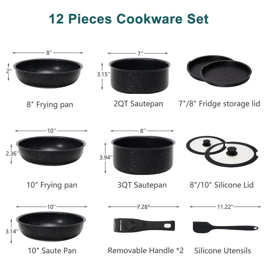 12-Piece Nonstick Cookware Set with Detachable Handle, Black R371