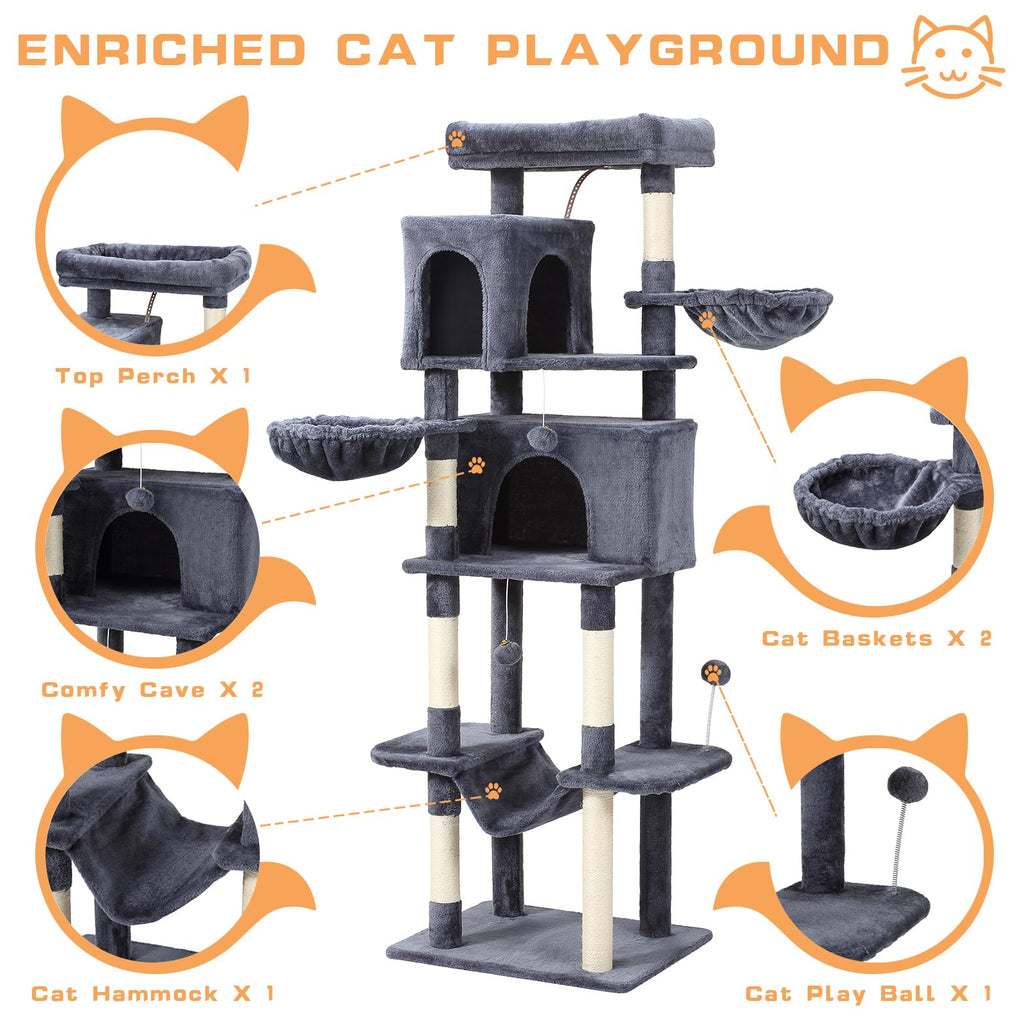 70-Inch Large Cat Tree Tower with Hammock, Scratching Post, Condo, Dark Gray F2482