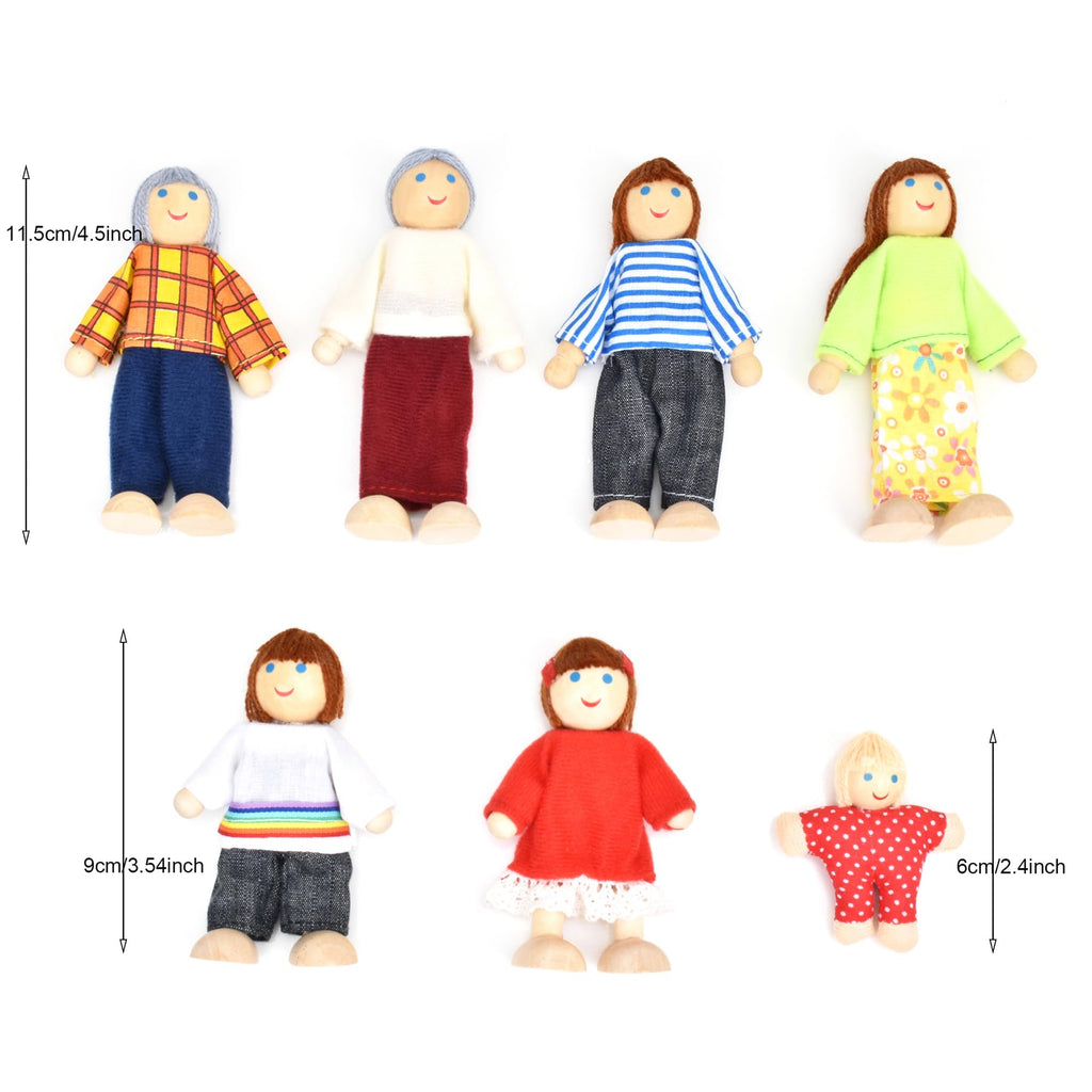 Wooden Dollhouse Dolls Family Set of 7 Miniature Figures and 2 Pets Z916
