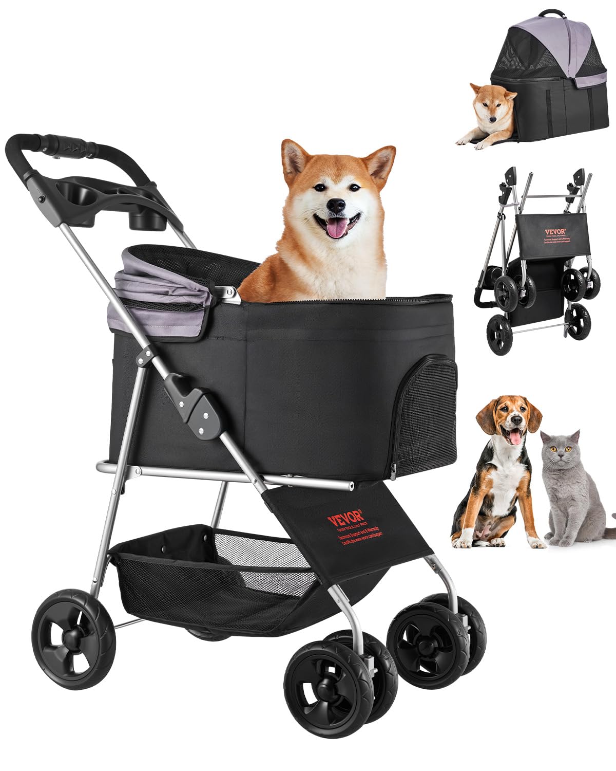 Foldable 4 Wheels Pet Stroller with Detachable Carrier P105075