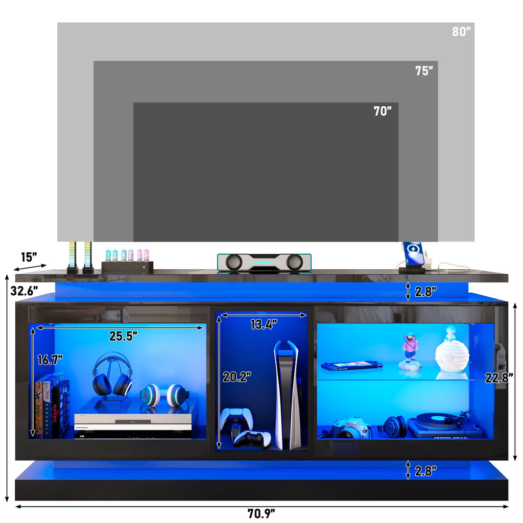 70" TV Stand with LED Lights and Power Outlets, Black P821764