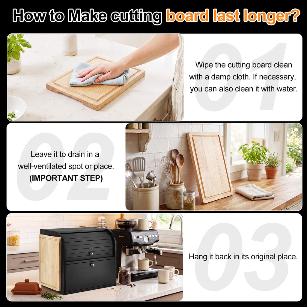 Black Roll Top Bread Box with Cutting Board N608