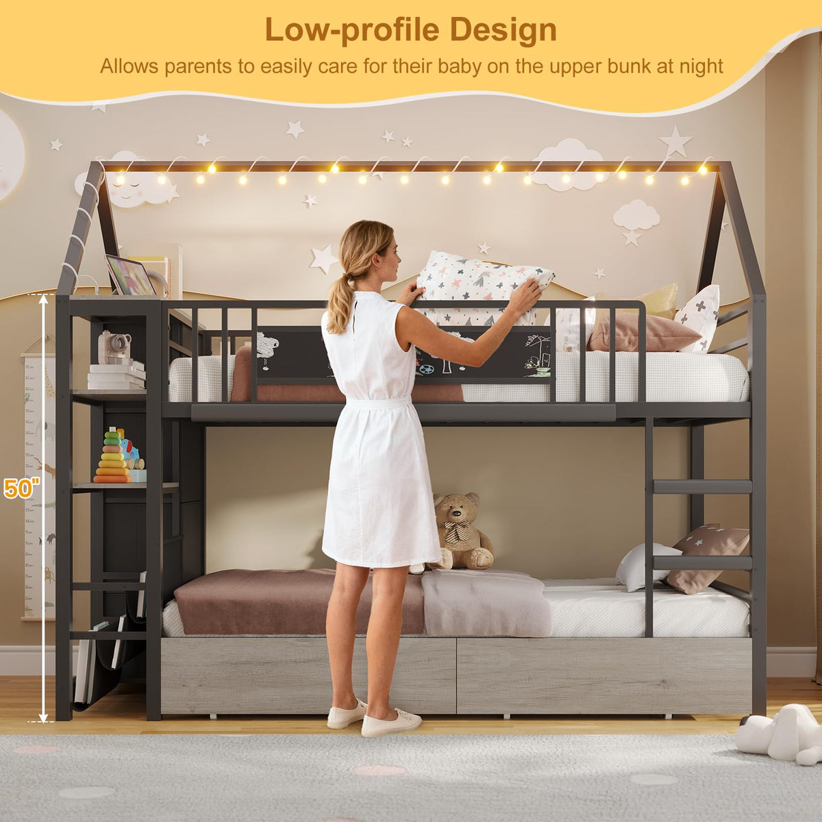 Twin Bunk Bed with Storage Bookshelf, 6 Drawers & USB J6243