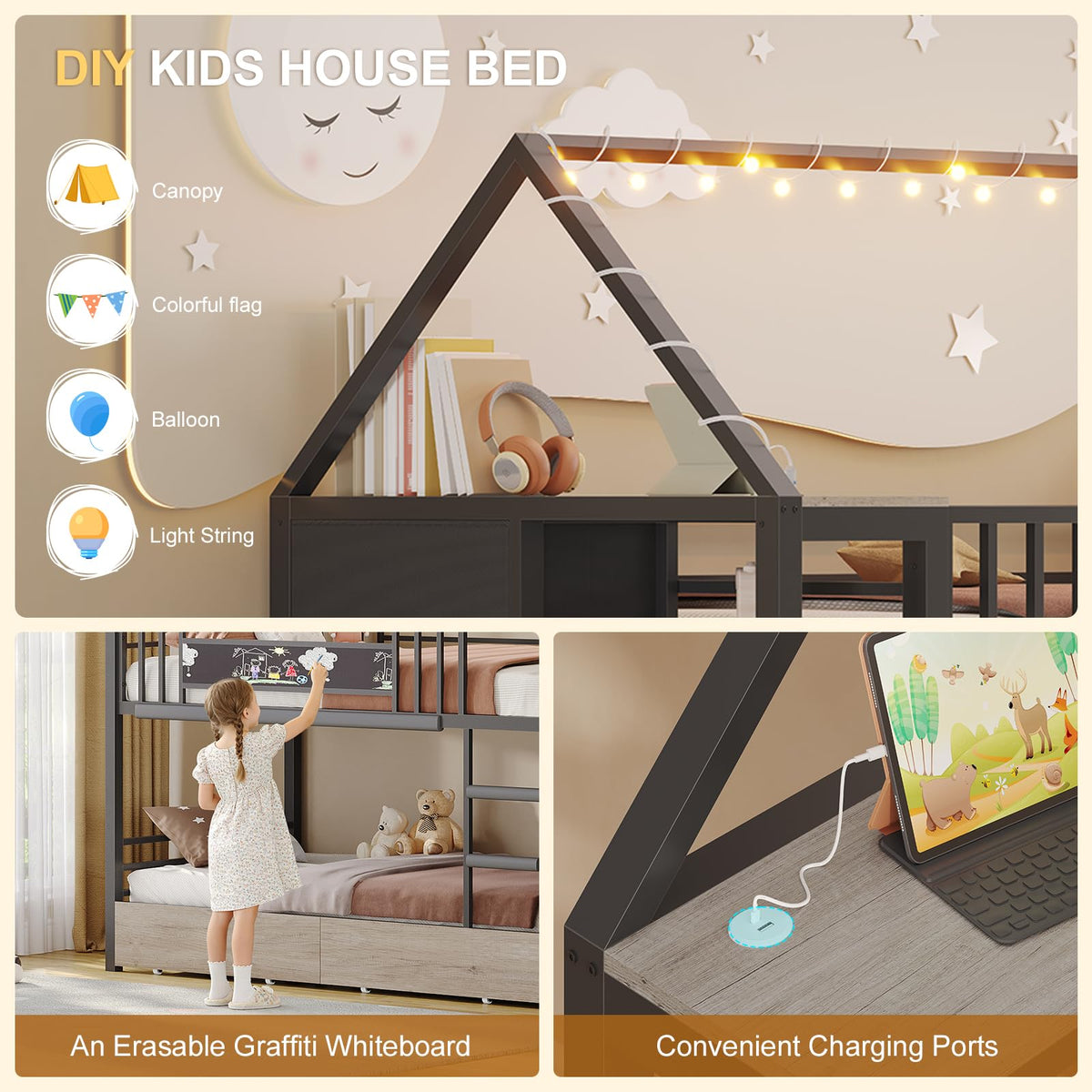 Twin Bunk Bed with Storage Bookshelf, 6 Drawers & USB J6243