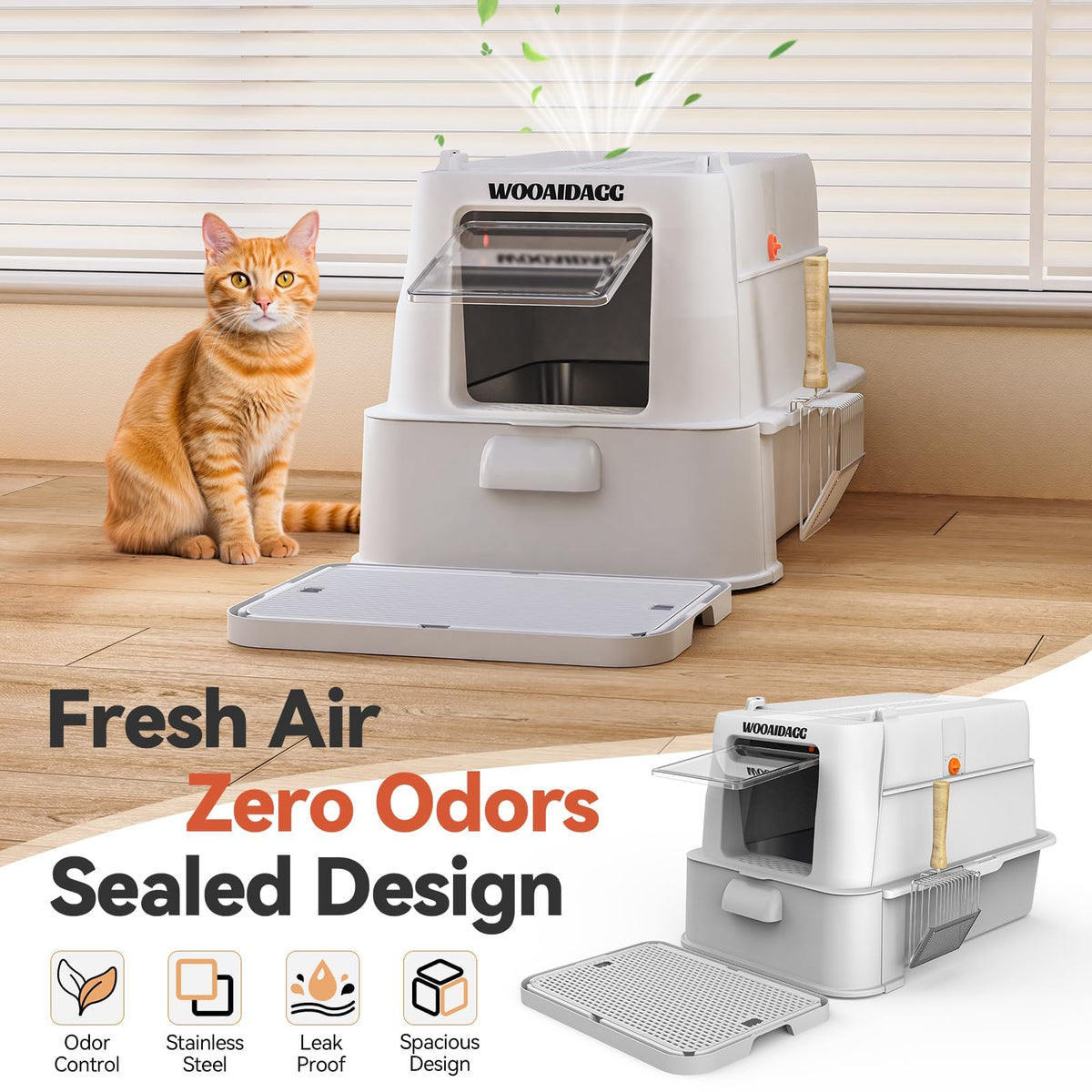 Enclosed Stainless Steel Cat Litter Box with Drawer and Flip Door, Extra Large Light Grey F201
