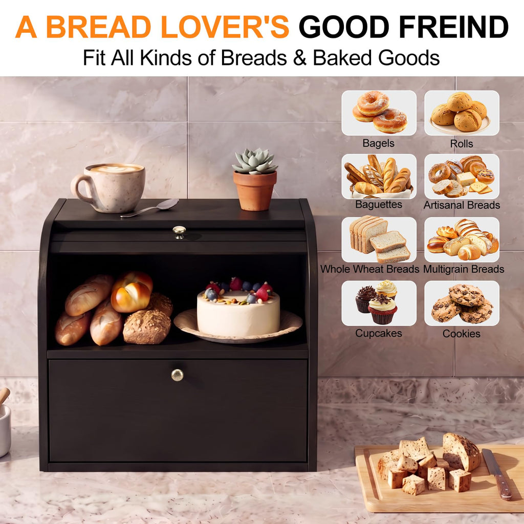 Black Roll Top Bread Box with Cutting Board N608