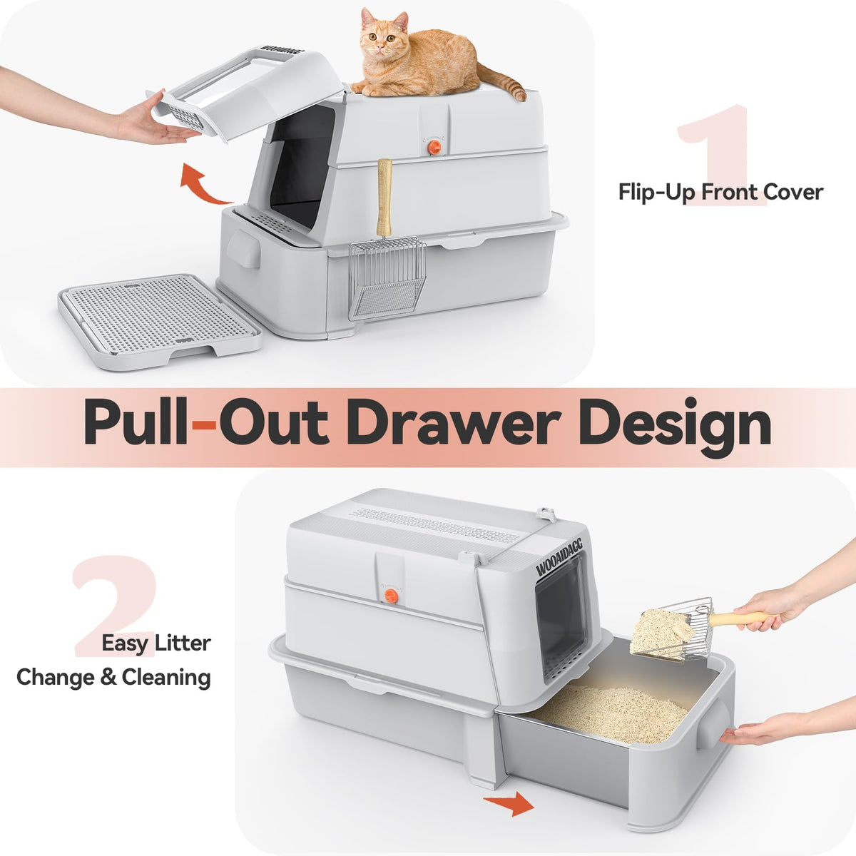 Enclosed Stainless Steel Cat Litter Box with Drawer and Flip Door, Extra Large Light Grey F201