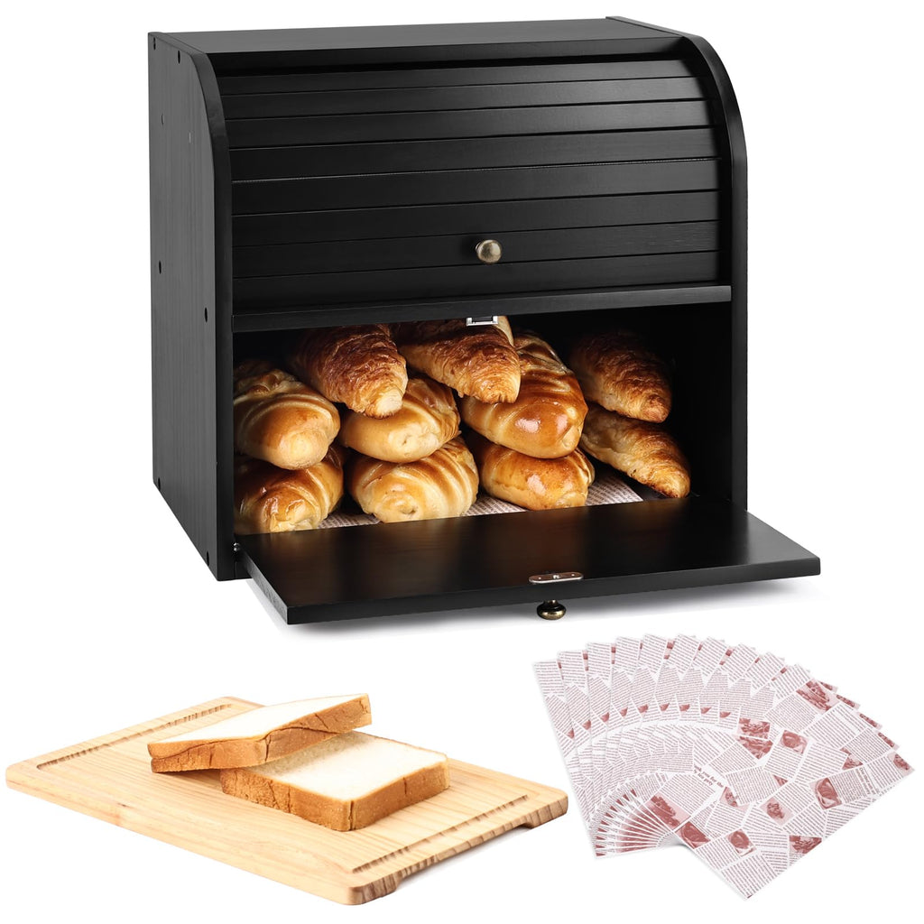 Black Roll Top Bread Box with Cutting Board N608