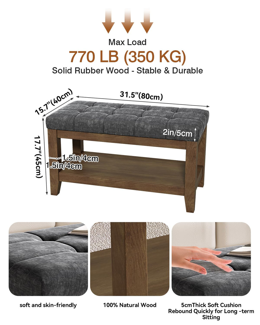 Dark Gray Rubber Wood Chenille Upholstered Shoe Bench R329