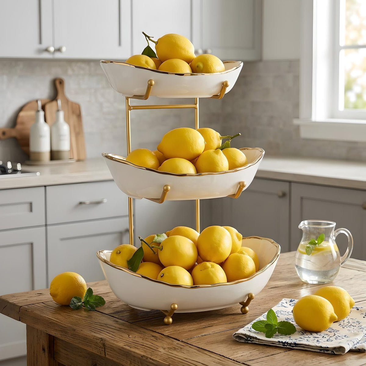 White Ceramic 3 Tier Fruit Bowl with Metal Stand V60932