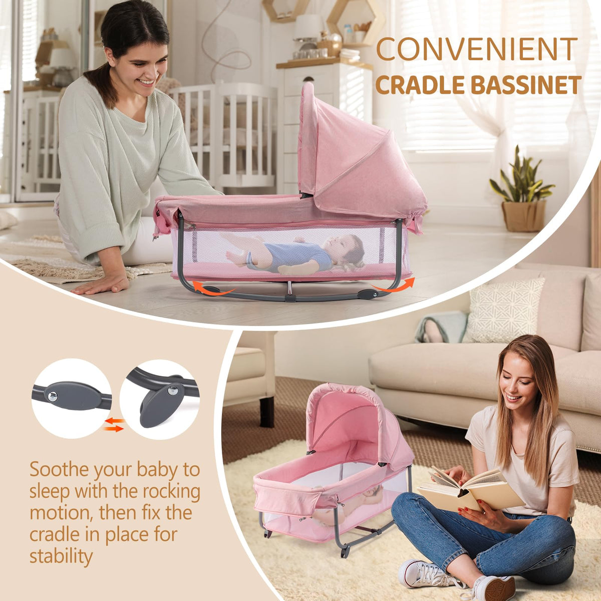 7 in 1 Pink Bedside Bassinet with Changing Table U698