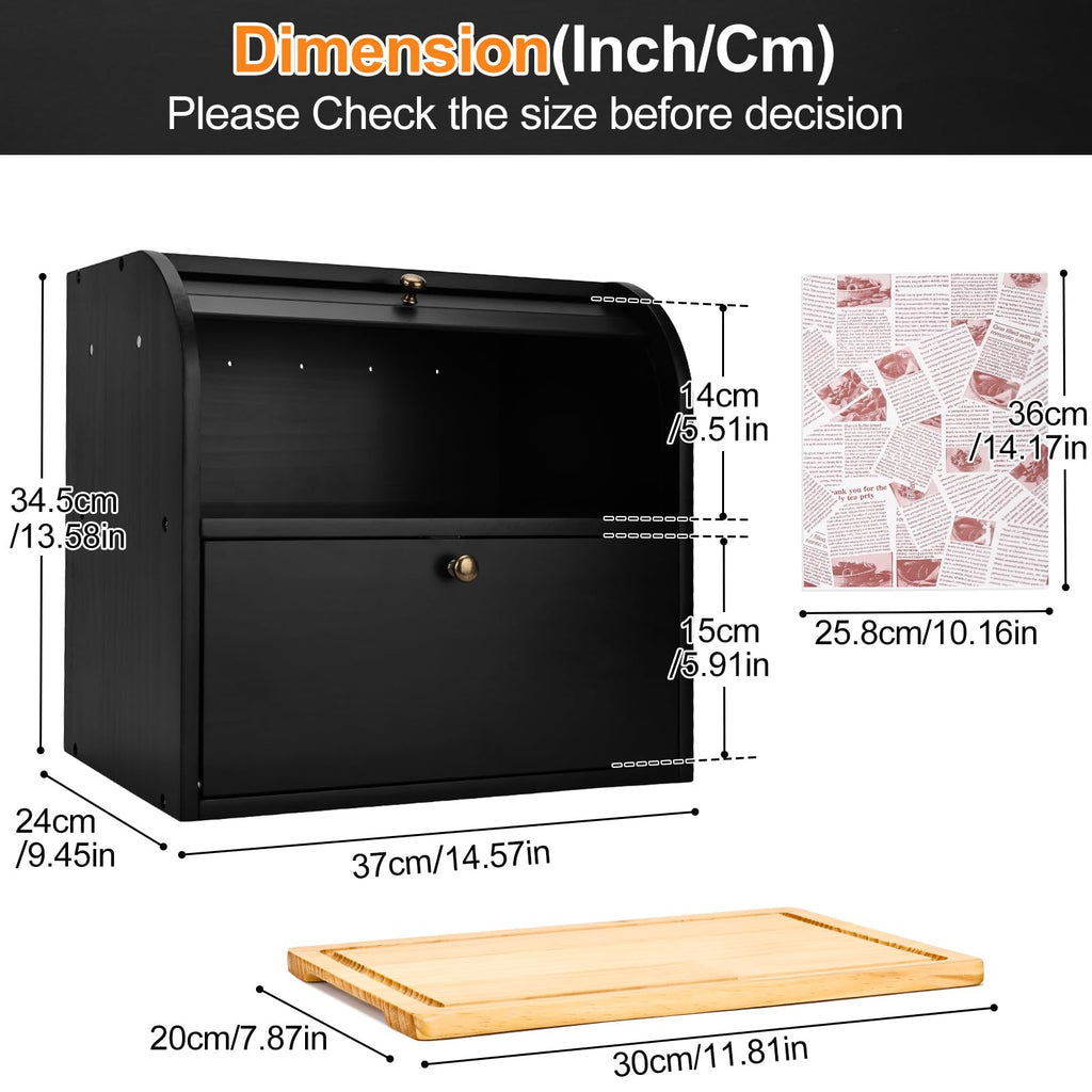 Black Roll Top Bread Box with Cutting Board N608