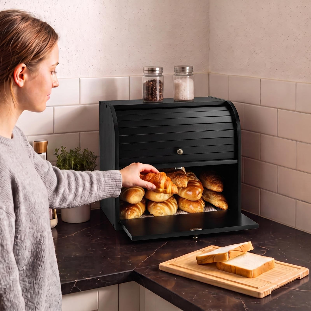 Black Roll Top Bread Box with Cutting Board N608