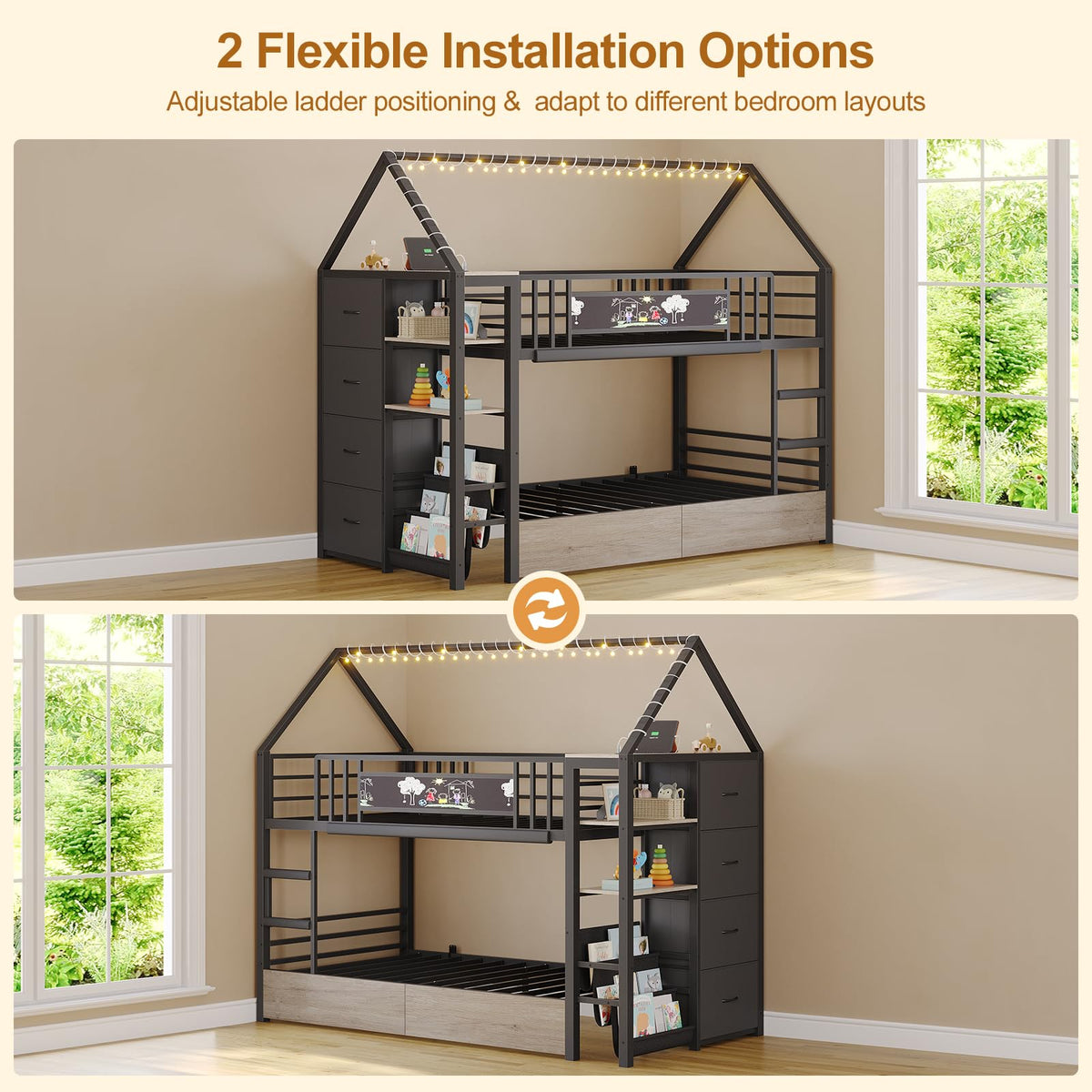 Twin Bunk Bed with Storage Bookshelf, 6 Drawers & USB J6243