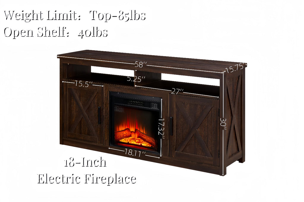 Farmhouse TV Media Stand with 18" Fireplace Insert, Espresso D775