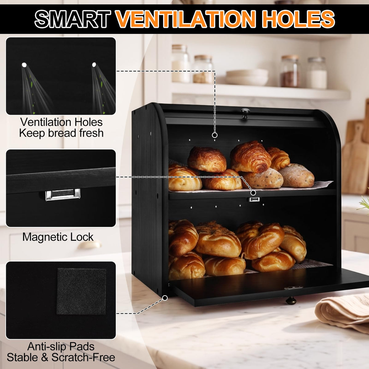 Black Roll Top Bread Box with Cutting Board N608