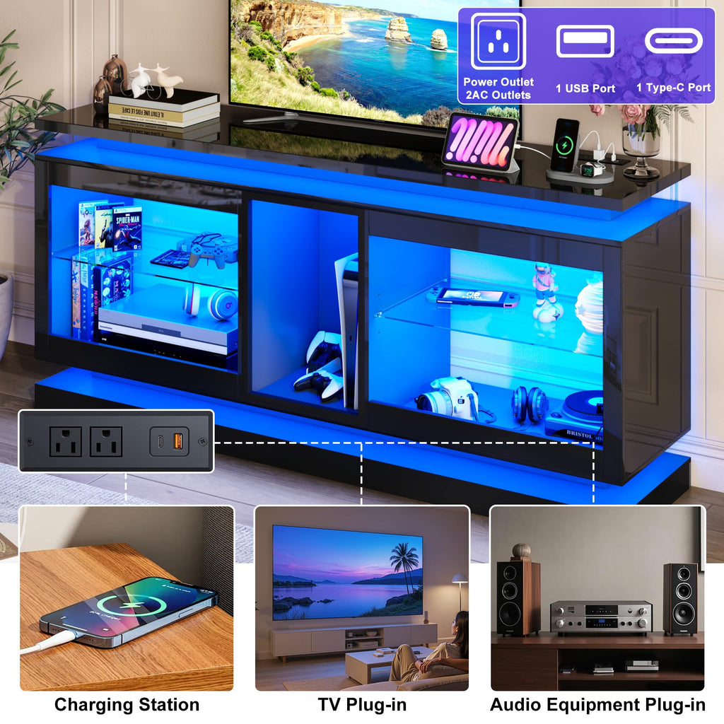 70" TV Stand with LED Lights and Power Outlets, Black P821764