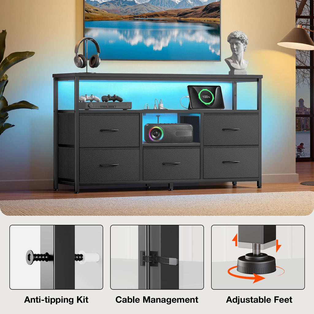 Black 5 Fabric Drawer Dresser TV Stand with LED Lights E551581