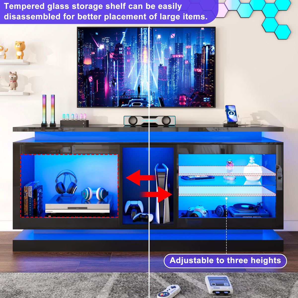 70" TV Stand with LED Lights and Power Outlets, Black P821764