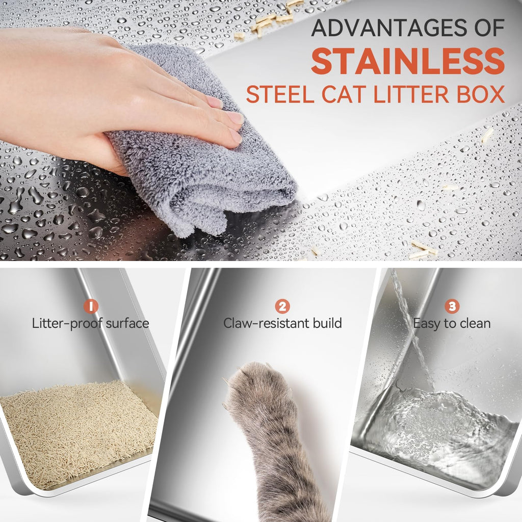 Enclosed Stainless Steel Cat Litter Box with Drawer and Flip Door, Extra Large Light Grey F201