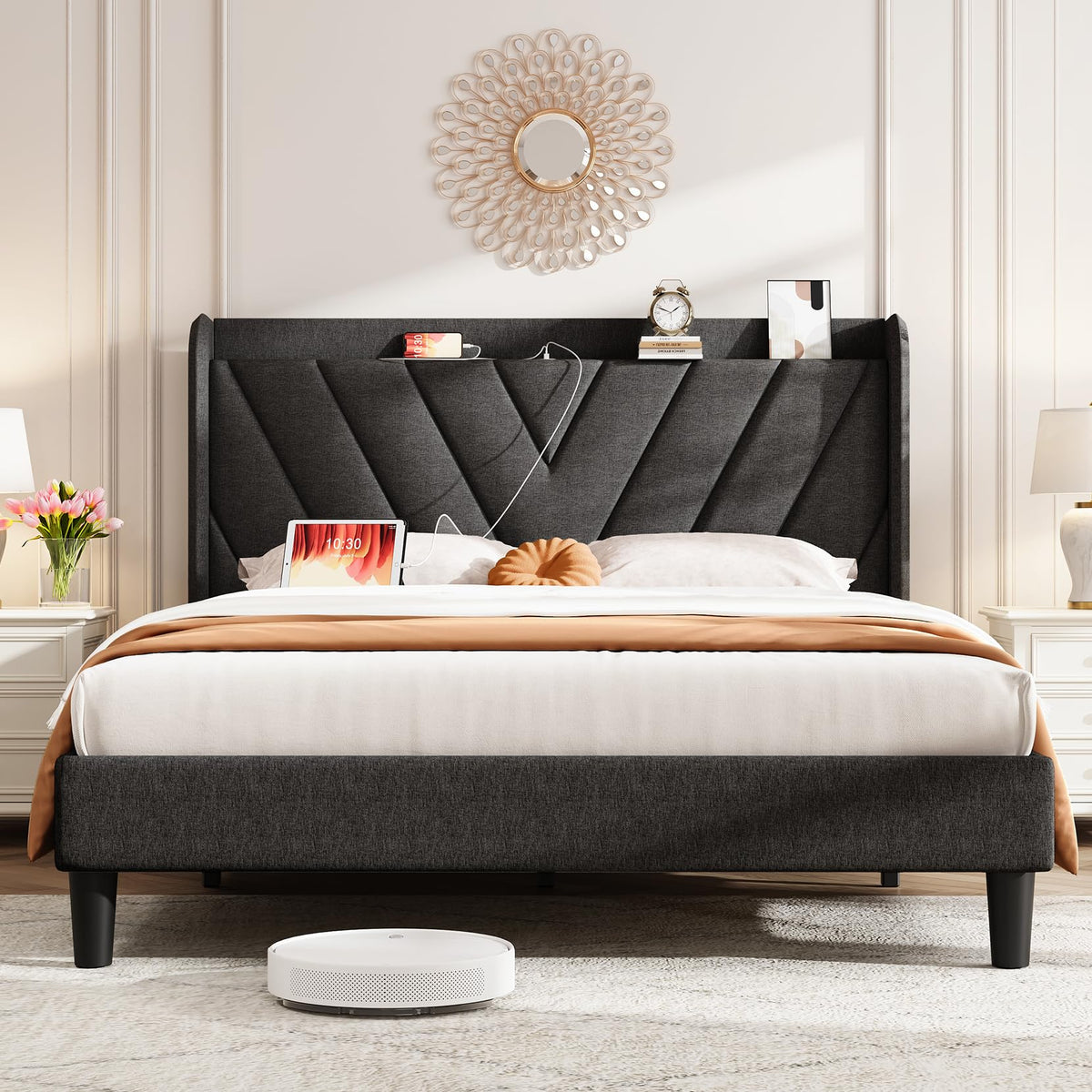 Queen Upholstered Platform Bed Frame with Storage Headboard P323046