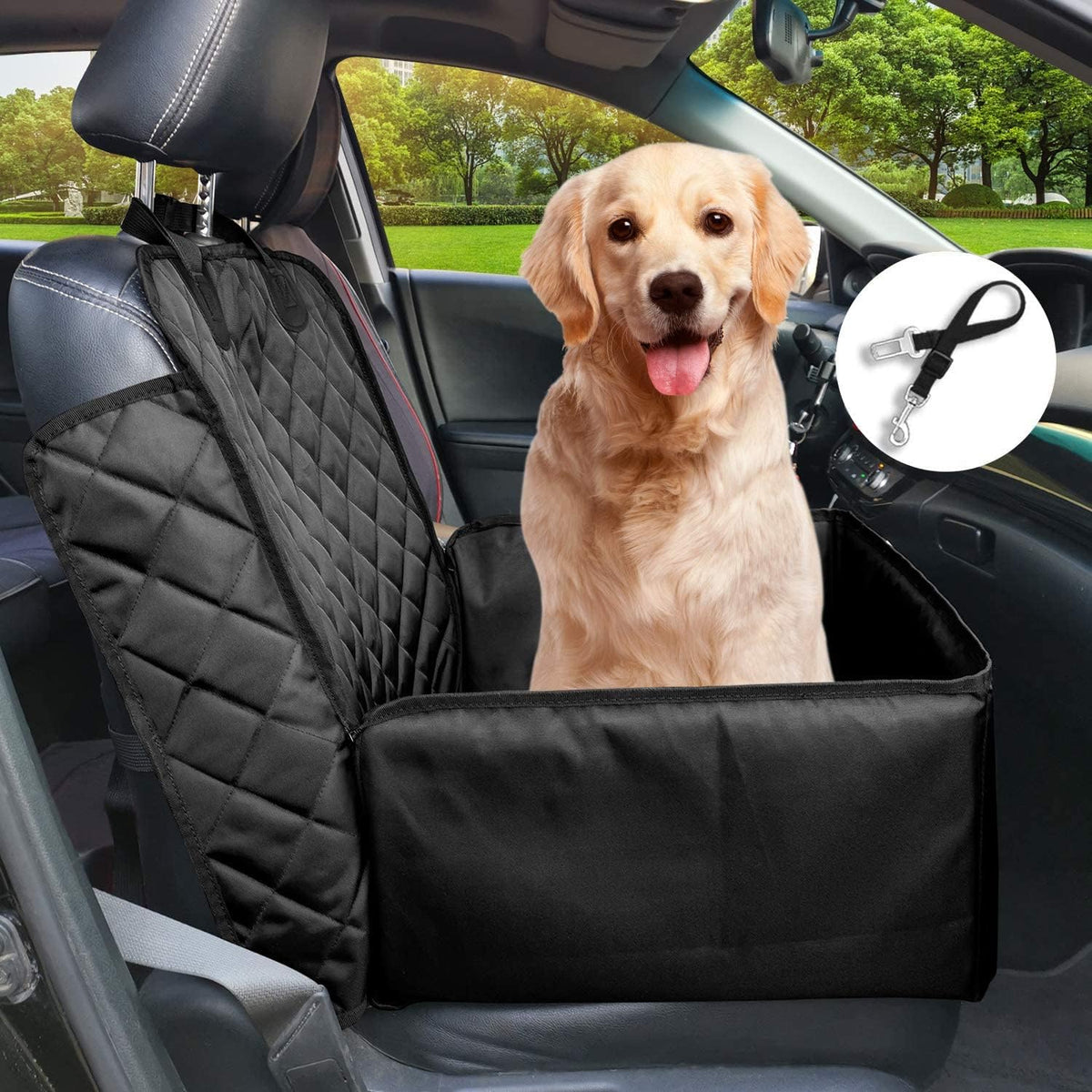Black 2 in 1 Waterproof Dog Car Seat Cover with Safety Belt Q574