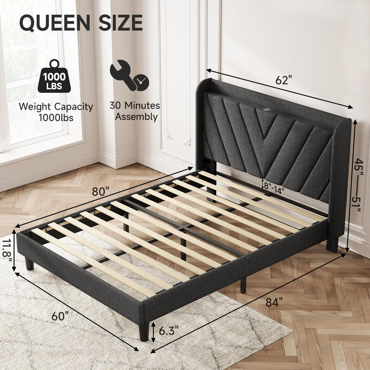 Queen Upholstered Platform Bed Frame with Storage Headboard P323046
