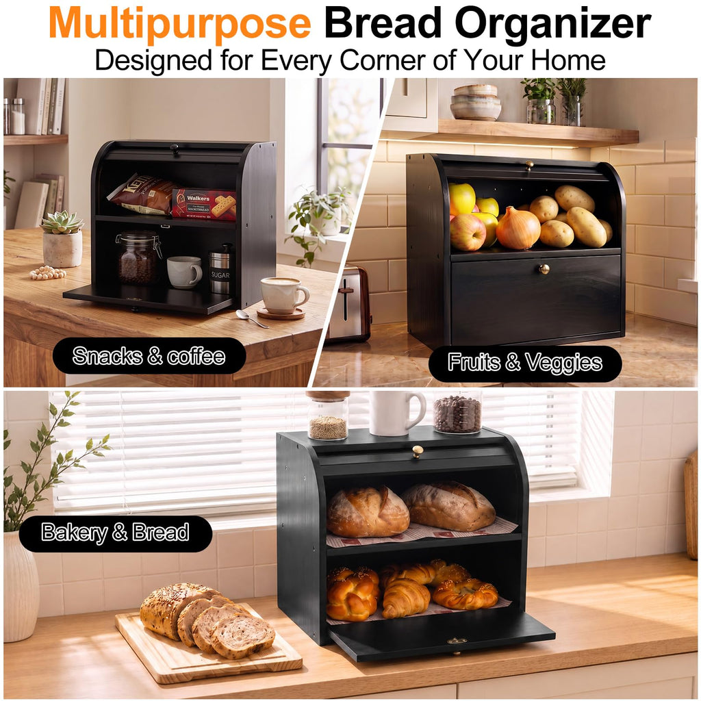 Black Roll Top Bread Box with Cutting Board N608