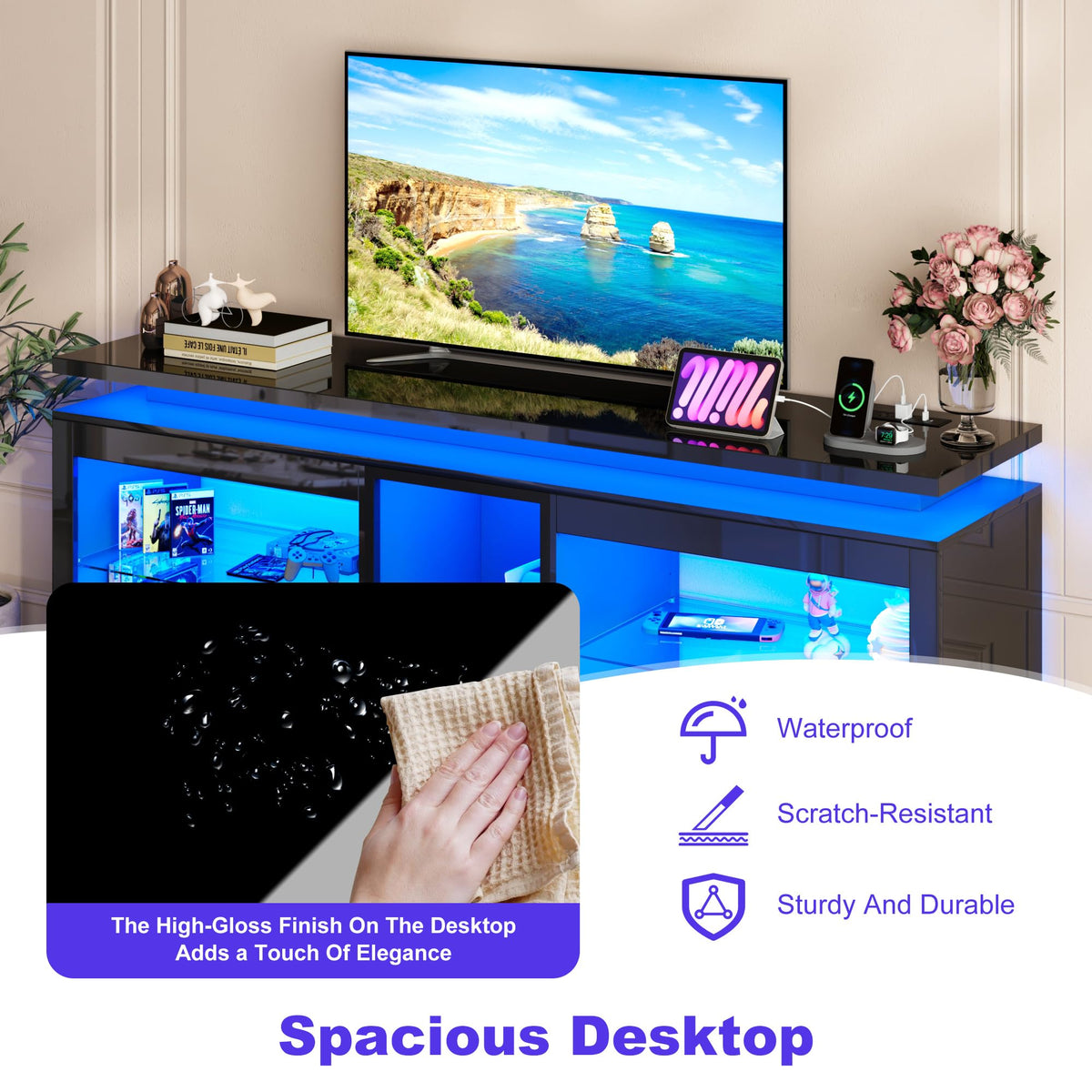 70" TV Stand with LED Lights and Power Outlets, Black P821764