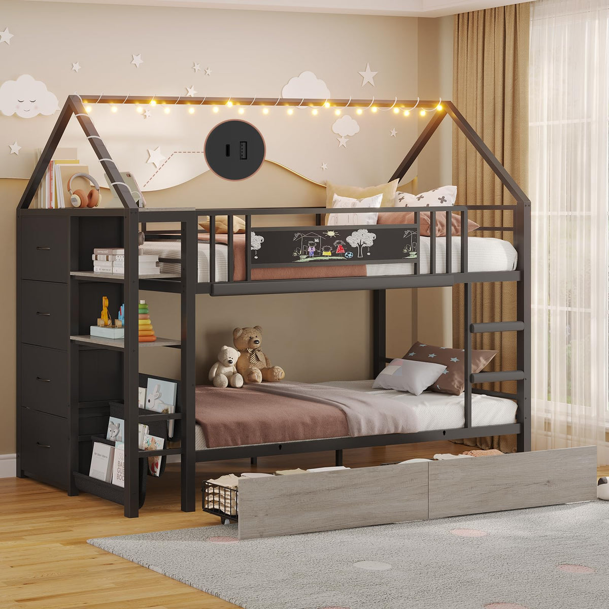 Twin Bunk Bed with Storage Bookshelf, 6 Drawers & USB J6243