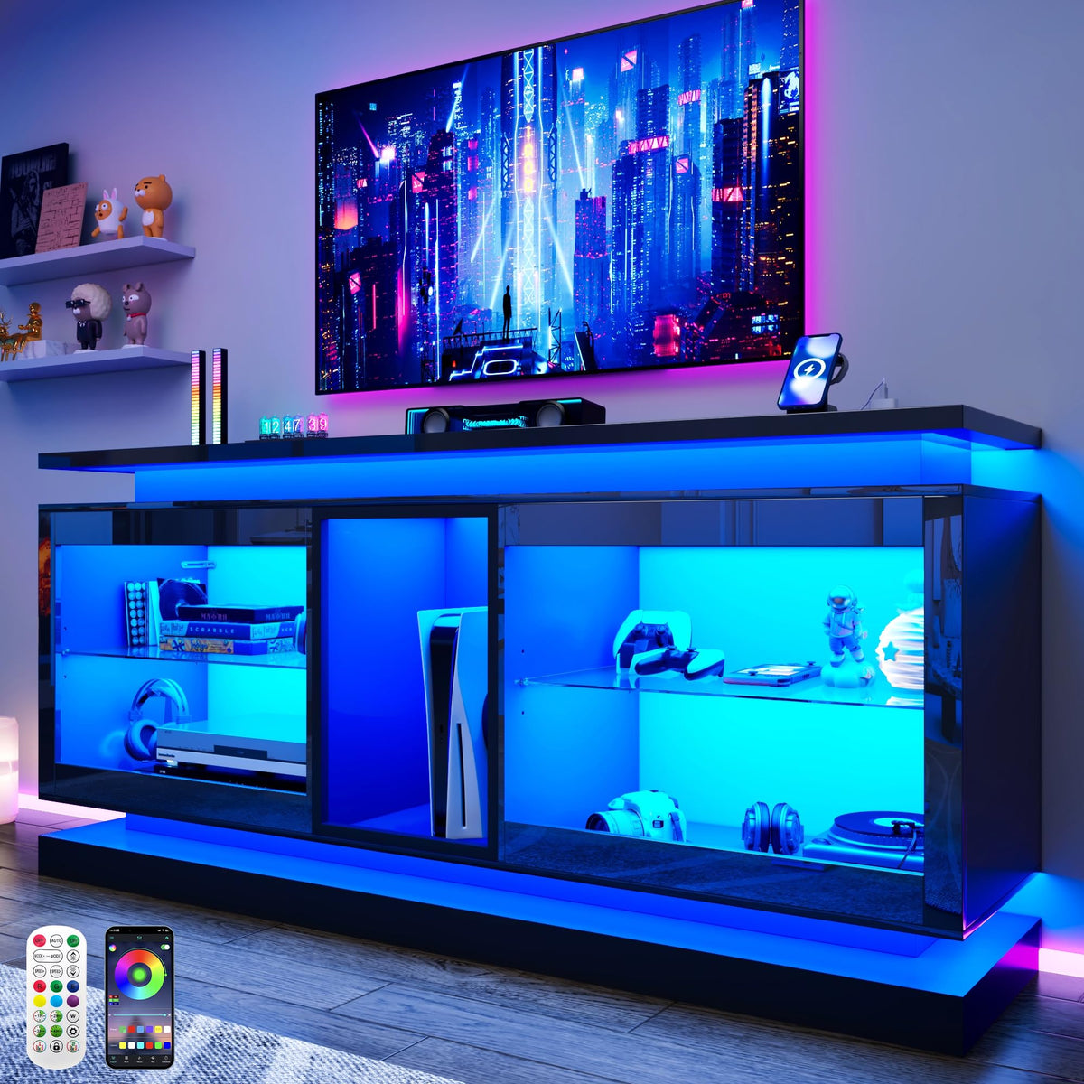70" TV Stand with LED Lights and Power Outlets, Black P821764