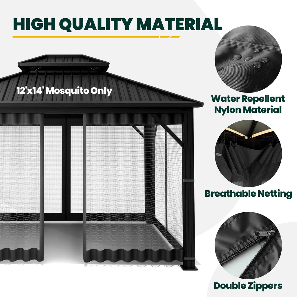 12' x 14' 4-Panel Gazebo Mosquito Netting with Zippers, Black U453