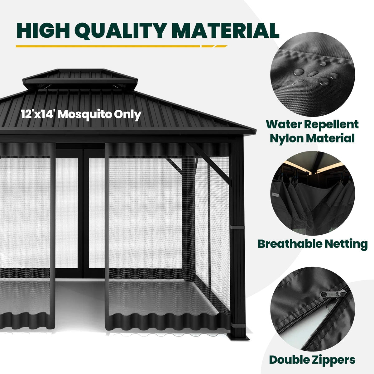 12' x 14' 4-Panel Gazebo Mosquito Netting with Zippers, Black U453