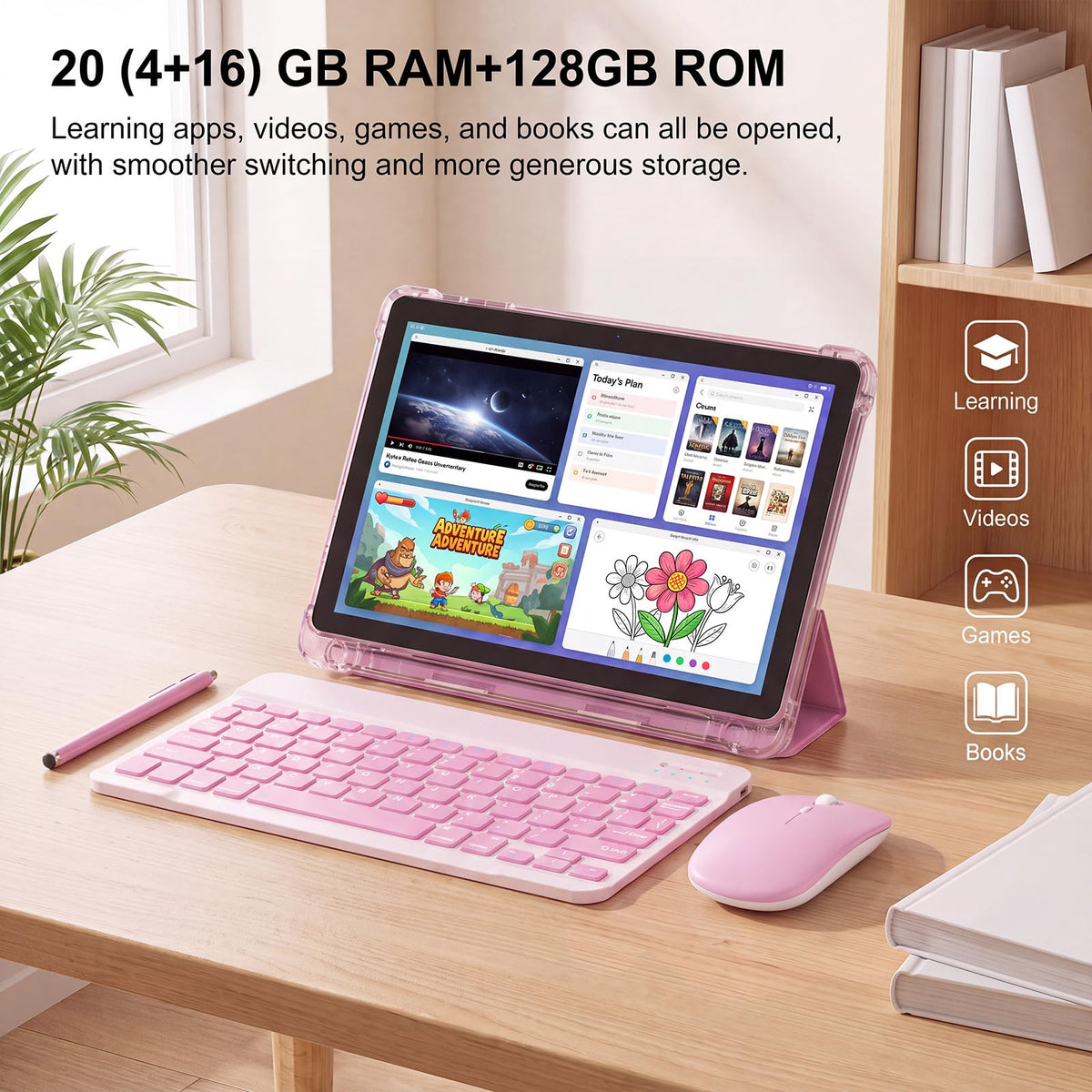10 Inch 2 in 1 Tablet with Keyboard Kit & Case Pink J495
